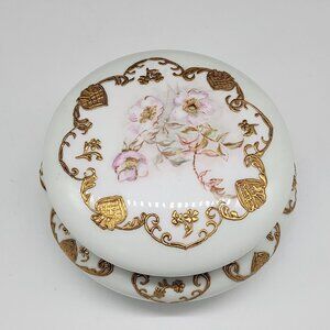 Antique Victorian Porcelain Trinket Box With Gold Gilt & Floral Design